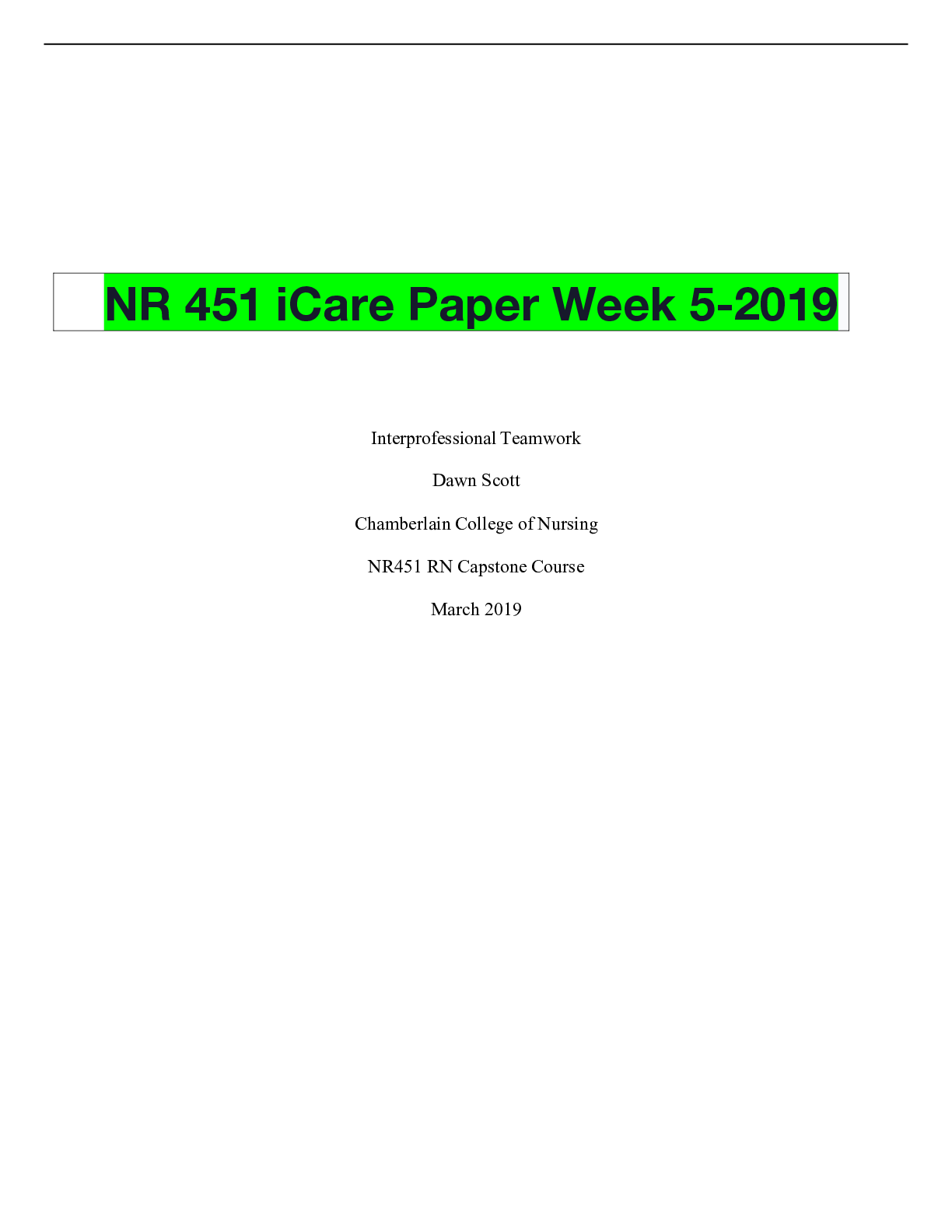 Preview image of NR 451 iCare Paper Week 5-2019 document